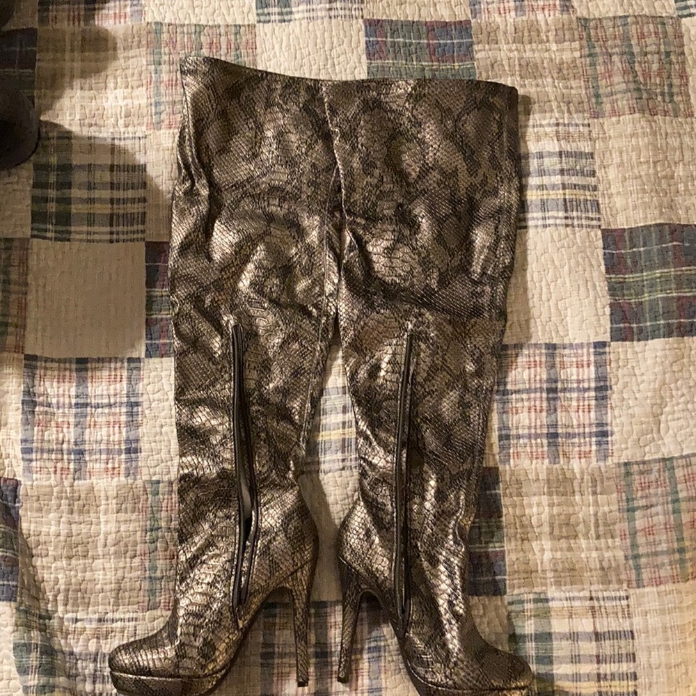Thigh high faux snakeskin boots